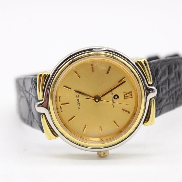 J.B Champion Watch Womens Gold Tone Stainless Steel Classic Black Leather Band - Picture 6 of 8